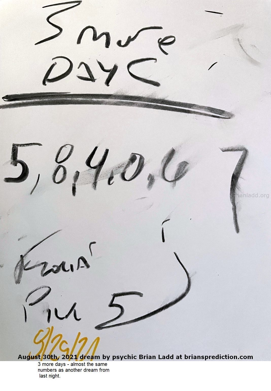29 August 2021 6 3 more days - almost the same numbers as another dream from last night...
3 more days - almost the same numbers as another dream from last night.
