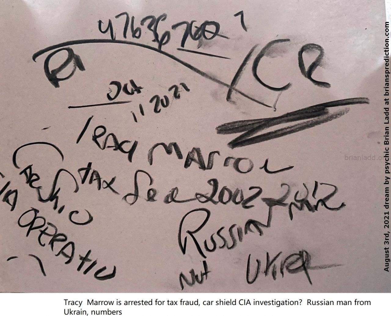 3 August 2021 2 Tracy  Marrow is arrested for tax fraud, car shield CIA investigation?  Russian man from Ukraine, numbers...
Tracy  Marrow is arrested for tax fraud, car shield CIA investigation?  Russian man from Ukraine, numbers
