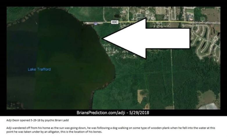Adji Desir Missing Psychic Brian Ladd Map - Adji Wandered Off From His Home As The Sun Was Going Down, He Was Following ...
Adji Wandered Off From His Home As The Sun Was Going Down, He Was Following A Dog Walking On Some Type Of Wooden Plank When He Fell Into The Water At This Point He Was Taken Under By An Alligator, This Is The Location Of His Bones.
