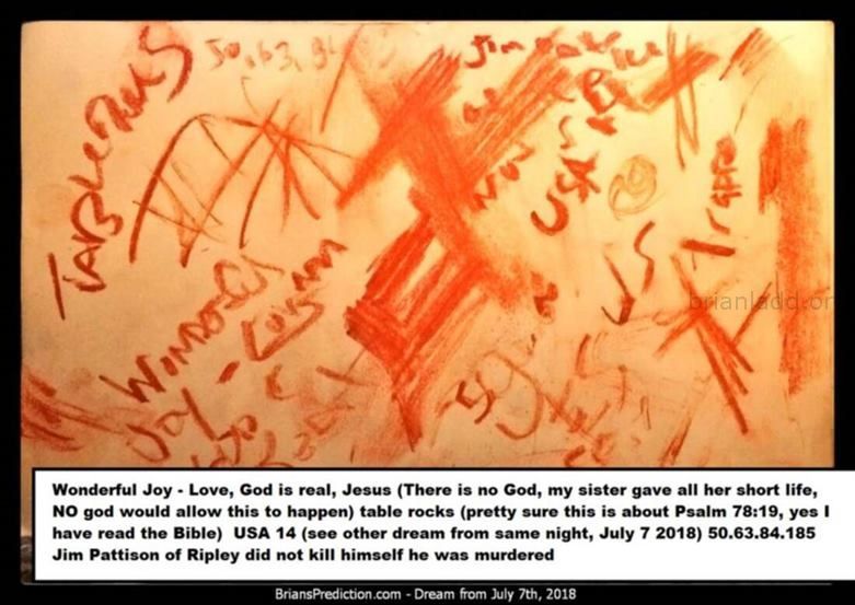 10725 7 July 2018 9 - Wonderful Joy - Love, God Is Real, Jesus (There Is No God, My Sister Gave All Her Short Life, No G...
Wonderful Joy - Love, God Is Real, Jesus (There Is No God, My Sister Gave All Her Short Life, No God Would Allow This To Happen) Table Rocks (pretty Sure This Is About Psalm 78:19, Yes I Have Read The Bible)  Usa 14 (see Other Dream From Same Night, July 7 2018) 50.63.84.185 Jim Pattison Of Ripley Did Not Kill Himself He Was Murdered - Dream Number 10725 7 July 2018 9
