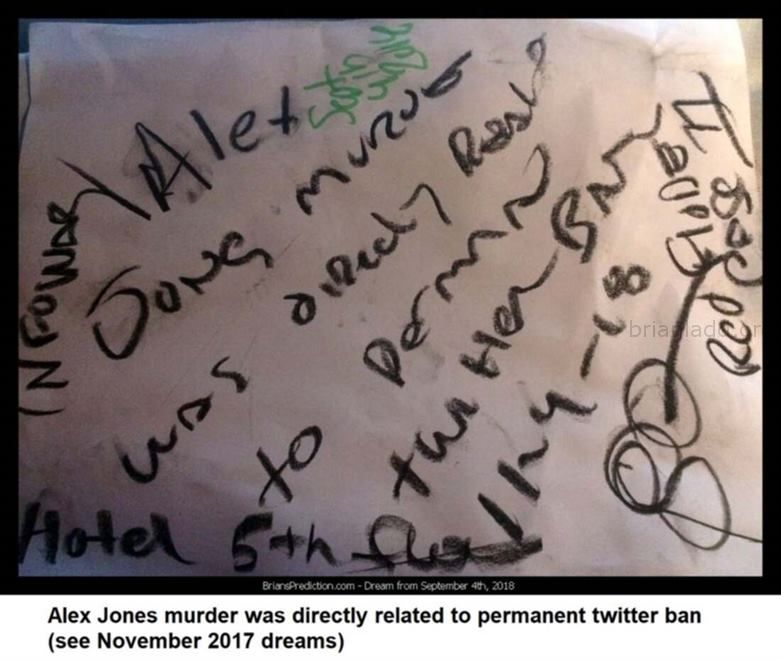 11024 4 September 2018 2 - Alex Jones Murder Was Directly Related To Permanent Twitter Ban  (see November 2017 Dreams) -...
Alex Jones Murder Was Directly Related To Permanent Twitter Ban  (see November 2017 Dreams) - Dream Number 11024 4 September 2018 2
