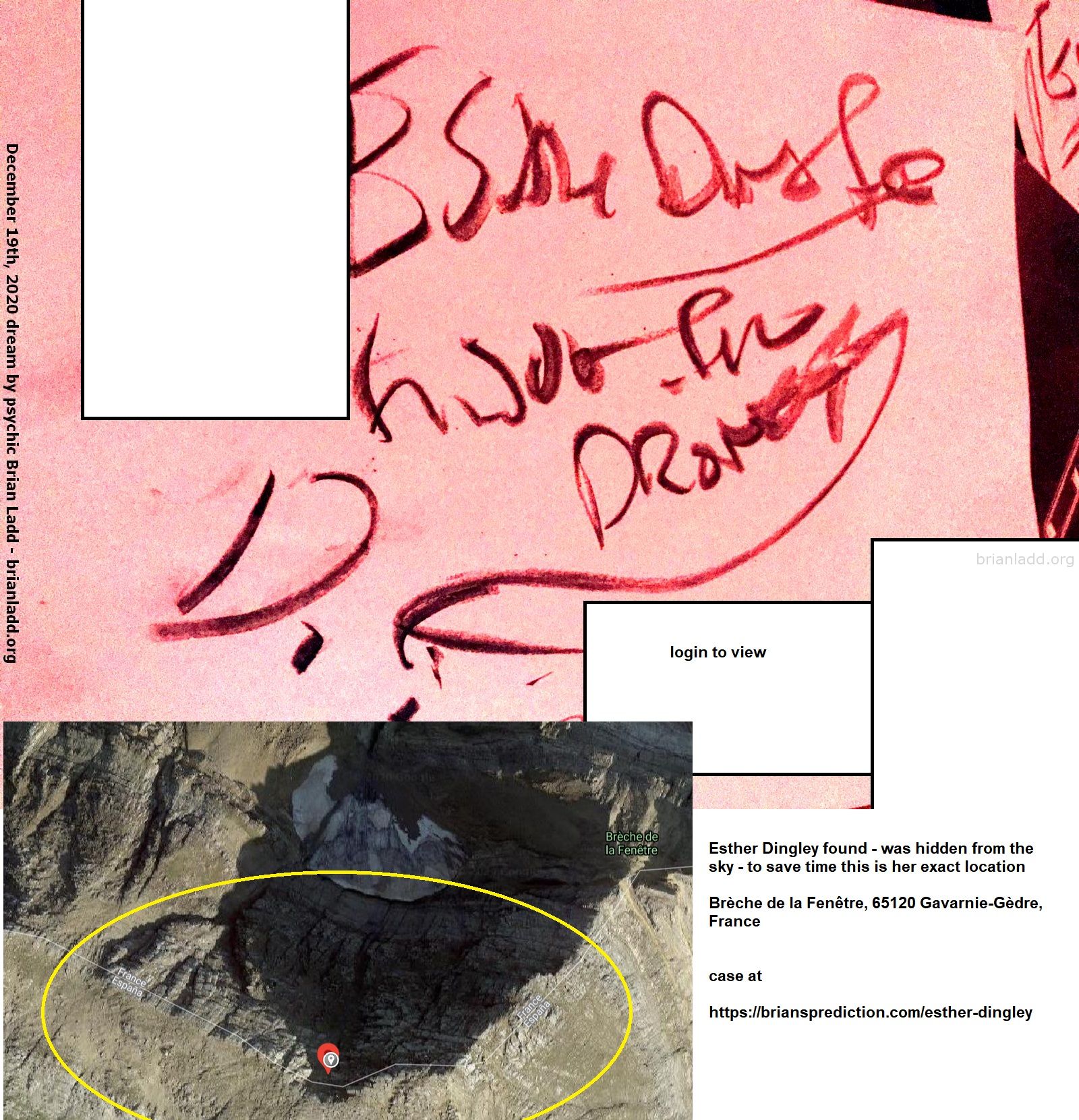 14191 19 December 2020 4 - Esther Dingley Found - Was Hidden From The Sky - To Save Time This Is Her Exact Location.  Br...
Esther Dingley Found - Was Hidden From The Sky - To Save Time This Is Her Exact Location.  Brã¨Che De La Fenãªtre, 65120 Gavarnie-Gã¨Dre, France  Case At
