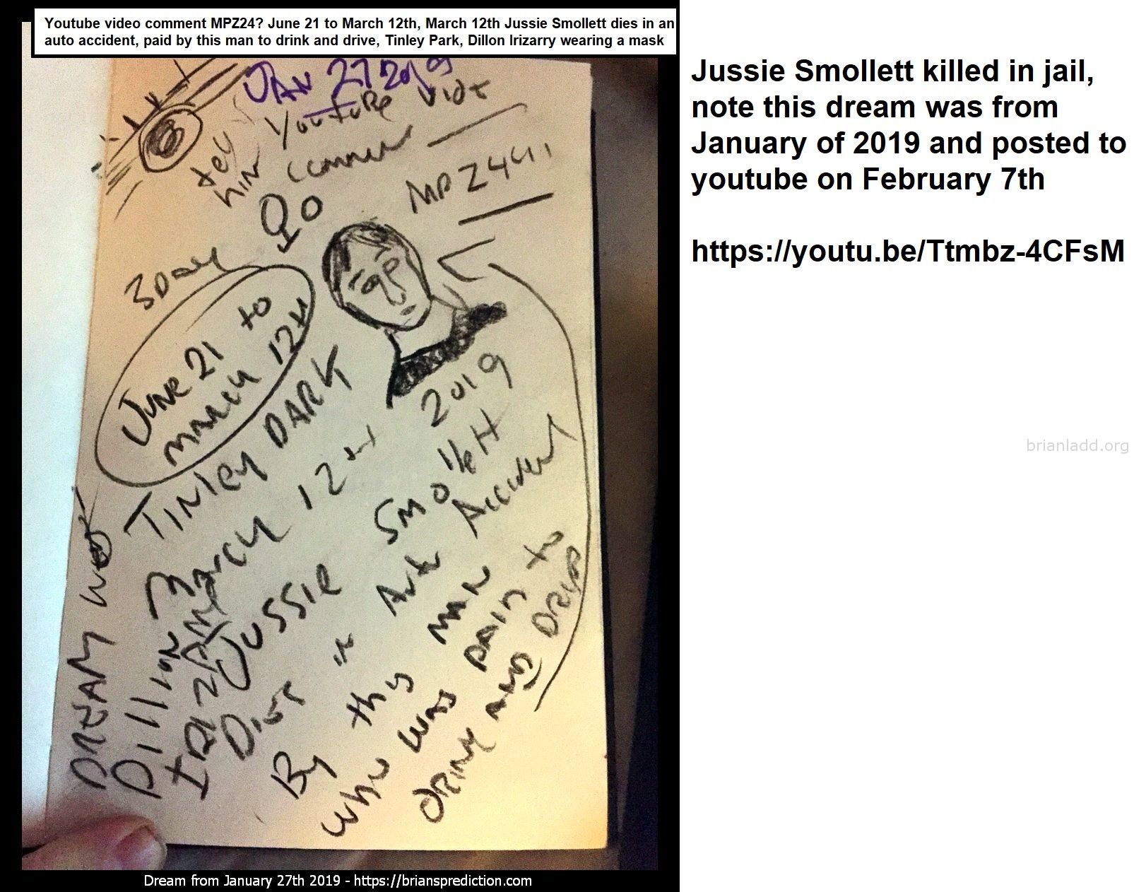 Jussie Smollett Killed In Jail  Note This Dream Was From January Of 2019 And Posted To Youtube On February 7Th - Jussie ...
Jussie Smollett Killed In Jail, Note This Dream Was From January Of 2019 And Posted To Youtube On February 7th   https://Youtu.Be/Ttmbz-4cfsm  2019 Chicago Incident  On January 29, 2019, Smollett Alleged That He Was Attacked In Chicago'S Streeterville Neighborhood, In What Was Initially Investigated As A Hate Crime.[31][32] Multiple Police Sources Have Informed The Media They Now Believe Smollett Orchestrated, Or Staged, The Attack Himself.[33]  Smollett Told Police That He Was Attacked Outside His Apartment Building By Two Men In Ski Masks Who Made Racial And Homophobic Slurs,[31] And Used Their Hands, Feet, And Teeth As Weapons In The Assault.[34][35] According To A Statement Released By The Chicago Police Department, The Two Suspects Then "poured An Unknown Liquid&Quot; On Smollett And Put A Noose Around His Neck.[36] Smollett Said That He Fought Them Off. Smollett Was Admitted To Northwestern Memorial Hospital; Not Seriously Injured, He Was Released "in Good Condition&Quot; Later That Morning,[31][37] Still Early.[38] The Police Were Called After 2:30 Am;[39] When They Arrived Around 2:40 Am, Smollett Had A White Rope Around His Neck.[40]  Tmz Reported That Sources Had Told Them That The Attackers Were White, And Had Said "This Is Maga Country&Quot;, Referencing President Donald Trump'S Make America Great Again Slogan. [41][42] Police Representatives Initially Dismissed Both Statements[42][43] Before Subsequently Confirming That Smollett Had, In A Follow-Up Interview, Described That The Attackers Had Shouted "MAGA Country&Quot; During The Assault,[32] Something He Had Not Mentioned In The Initial Interview With Police.[40] However, There Was No Change With Regard To Smollett Not Identifying The Race Of The Attackers (the Released Initial Police Report Shows No Race In The Demographics Section For Either Suspect).[34] Tmz Wrote That Smollett Was Doused With Bleach, But It Was Mainly Described In News Reports As "an Unknown Chemical Substance&Quot;, As It Was In The Initial Police Report.[42] Cbs News Reported That Police Officers Described Smelling Bleach On His Clothes.[44]  On January 30 Some Public Figures Expressed Support For Smollett On Social Media.[32][45] Entertainment Industry Figures, Including Shonda Rhimes And Viola Davis, Tweeted Their Outrage And Support.[45] Democratic Senators And Candidates For The Party'S Presidential Nominations Kamala Harris And Cory Booker Both Described The Attack As A Modern-Day Lynching,[46] With Booker Urging Congress To Pass The Federal Anti-Lynching Bill He And Harris Have Co-Sponsored.[45][47] In An Interview With April Ryan Of Aurn, President Donald Trump Said, "That, I Can Tell You, Is Horrible. I'Ve Seen It. I Think That'S Horrible. It Doesn'T Get Worse."[48]  The Associated Press Reported That Police Had Released Images Of "persons Of Interest&Quot; From Surveillance Camera Footage, But Were Unable To Find Footage Of Smollett Being Attacked.[49]  Both Smollett And His Manager Brandon Z. Moore Told Authorities They Were Having A Phone Conversation With Each Other At The Time,[50] Moore Saying He Heard Some Of What Transpired,[51] Including "MAGA Country&Quot;, A Scuffle, And A Racial Slur.[51][52] Police Have Not Confirmed Moore'S Account With Phone Records.[52] Smollett Refused To Turn His Cellphone Over To Detectives To Allow Them To Confirm The Call.[53] On February 12, 2019, Chicago Police Stated That The Redacted Pdf Phone Records Released By Smollet'S Team "are Not Sufficient And Do Not Meet The Burden For Criminal Investigation,&Quot; And That More Cooperation Would Be Required.[54][55][56]  Smollett Performed A Solo Engagement At The Troubadour In Los Angeles On February 2, 2019,[57] Although A Scheduled Meet-And-Greet Prior To The Show Was Cancelled, Citing Security Concerns.[58]  On February 13, 2019, Chicago Police Raided The Home Of Two "persons Of Interest&Quot; In The Case. The Men Are Brothers And Of Nigerian Descent And Have Acted As Extras On Empire. Police Recovered Bleach And Other Items From The Home And Are Inquiring If The Men Know Smollett.[59] The Brothers Were Held In Police Custody On Suspicion Of Battery But Were Not Charged.[54] According To The Brothers' Attorney, They Know Smollett From Working On The Show And Have Also Spent Time With Him At A Gym.[54] The Two Men Were Arrested After Arriving On A Flight To O'Hare International Airport From Nigeria On February 13, 2019.[60][61] The Two Nigerian Men Were Released February 15 Without Being Charged With A Crime,[62][63] With Chicago Police Spokesman Anthony Guglielmi Stating: "Due To New Evidence As A Result Of Todayâ€™S Interrogations, The Individuals Questioned By Police In The Empire Case Have Now Been Released Without Charging And Detectives Have Additional Investigative Work To Complete."[62]  Chicago Police Later Told Abc News: "Police Are Investigati
