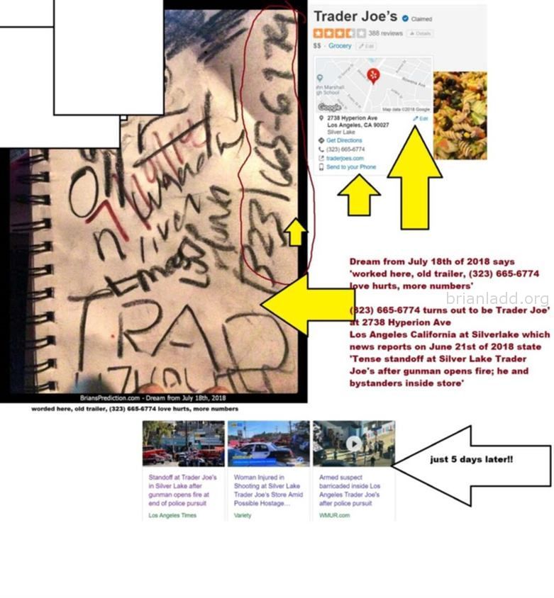 Trader Joe Hostage Shooting By Brian Ladd 10780 18 July 2018 9 - Dream From July 18th Of 2018 Says 'worked Here, Ol...
Dream From July 18th Of 2018 Says 'worked Here, Old Trailer, (323) 665-6774 Love Hurts, More Numbers'  (323) 665-6774 Turns Out To Be Trader Joeâ€™ At 2738 Hyperion Ave Los Angeles California At Silverlake Which News Reports On June 21st Of 2018 State 'Tense Standoff At Silver Lake Trader Joe'S After Gunman Opens Fire; He And Bystanders Inside Store'

