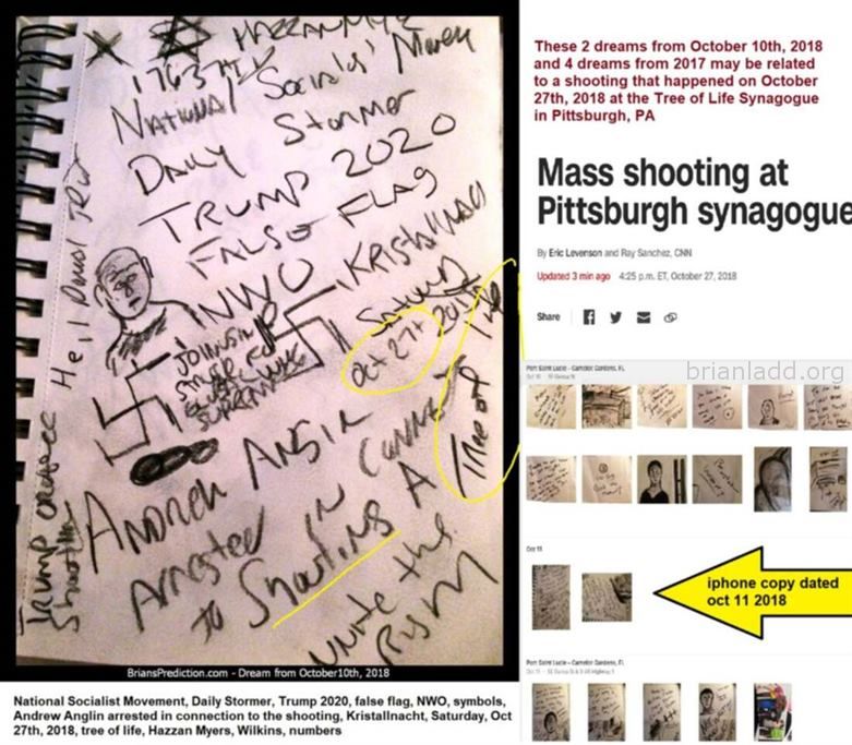 Tree Of Life Synagogue In Pittsburgh Shooting Brian Ladd 11147 10 October 2018 14 - These 2 Dreams From October 10th, 20...
These 2 Dreams From October 10th, 2018 And 4 Dreams From 2017 May Be Related To A Shooting That Happened On October 27th, 2018 At The Tree Of Life Synagogue In Pittsburgh, Pa  National Socialist Movement, Daily Stormer, Trump 2020, False Flag, Nwo, Symbols, Andrew Anglin Arrested In Connection To The Shooting, Kristallnacht, Saturday, Oct 27th, 2018, Tree Of Life, Hazzan Myers, Wilkins, Numbers  Tree Of Life Synagogue In Pittsburgh Shooting Psychic Prediction Brian Ladd Dream Number 11147 10 October 2018 14 Psychic Prediction

