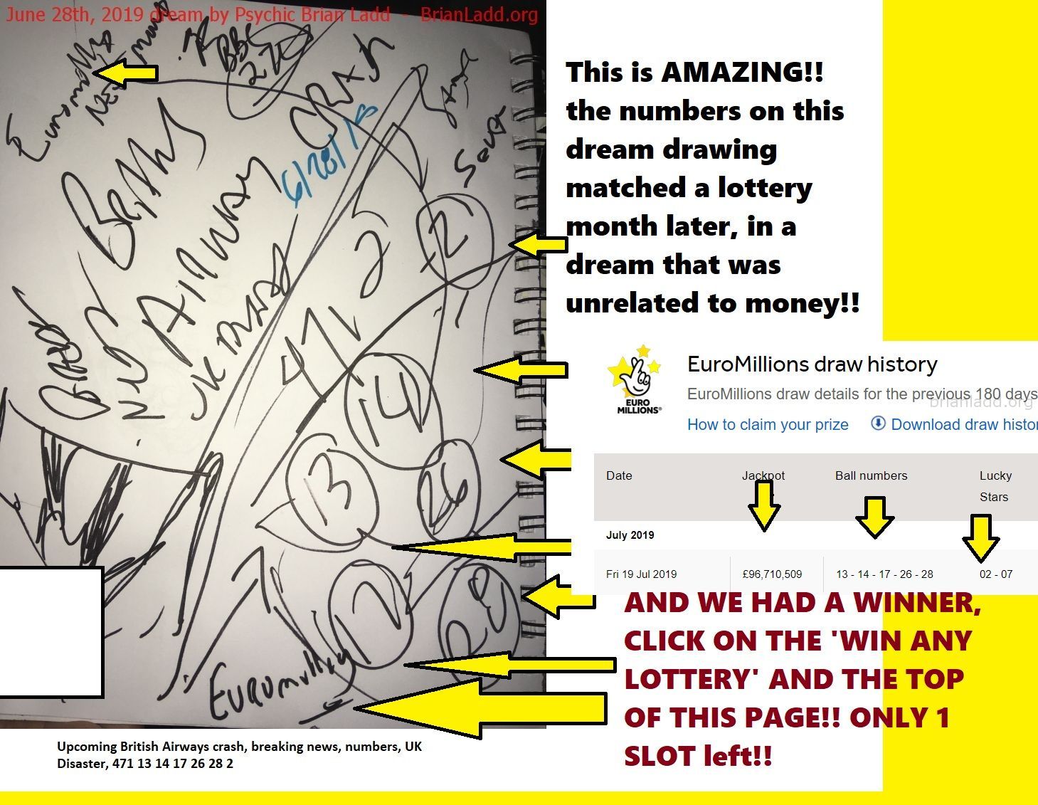 Euromillions Lottery Winning Numbers - This Is Amazing!! The Numbers On This Dream Drawing Matched A Lottery Month Later...
This Is Amazing!! The Numbers On This Dream Drawing Matched A Lottery Month Later, In A Dream That Was Unrelated To Money!!  Sign Up To Win 10 Million Usd Or More Guaranteed Lottery Win At   https://briansprediction.com/Private-Reading.Php  Only 1 Slot Left!!!
