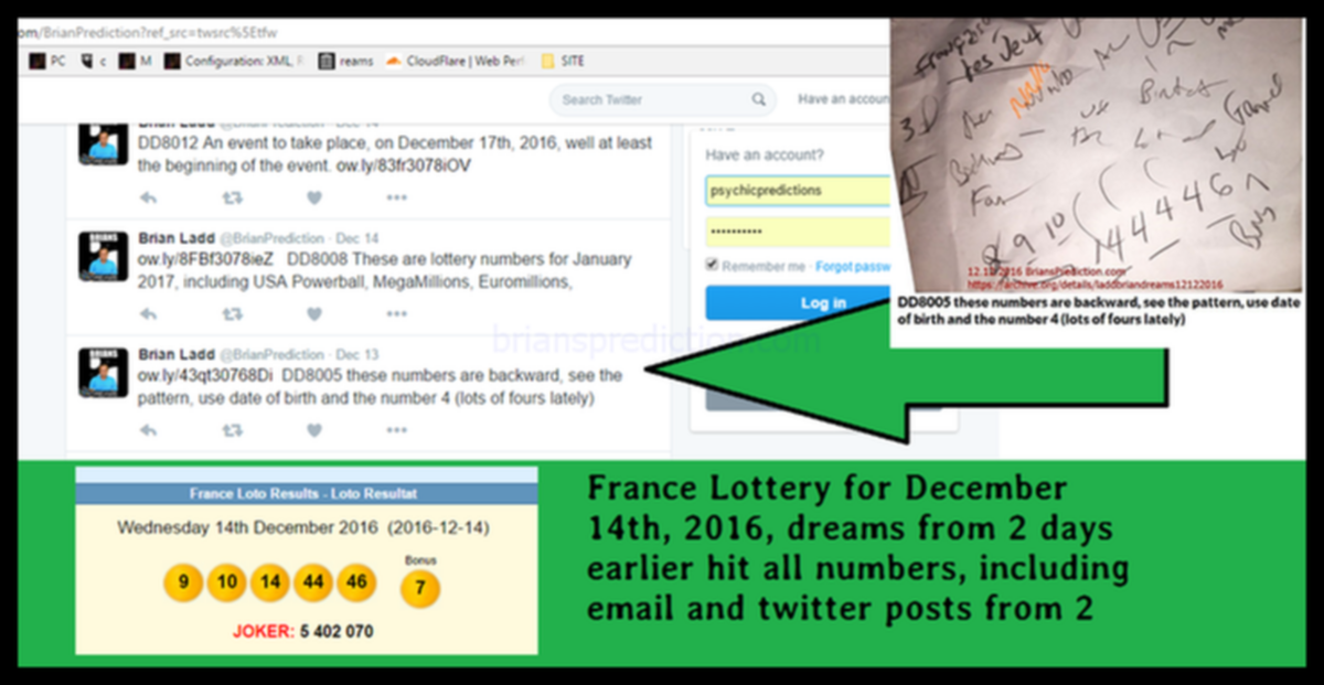 France Lottery December 2016 All Numbers Hit Brian Ladd - France Lottery For December 14th, 2016, Dreams From 2 Days Ear...
France Lottery For December 14th, 2016, Dreams From 2 Days Earlier Hit All Numbers, Including Email And Twitter Posts From 2 Days Before The Draw.
