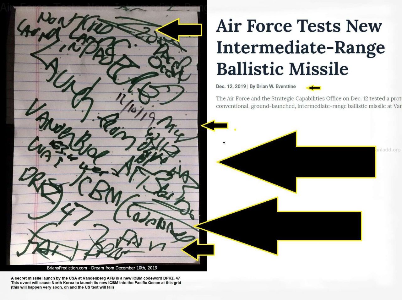 Air Force Tests New Intermediate-Range Ballistic Missile on December 12th 2019 this dream from just 2 days earlier confirmed the event
Air Force Tests New Intermediate-Range Ballistic Missile on December 12th 2019 this dream from just 2 days earlier confirmed the event

