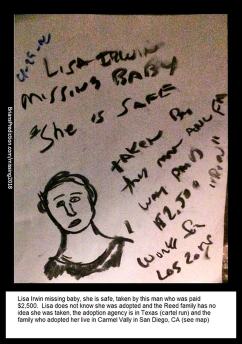 Lisa Renee Irwin missing dd 1 psychic brian ladd april 29 2018~0
Lisa Renee Irwin missing dd 1 psychic brian ladd april 29 2018~0
