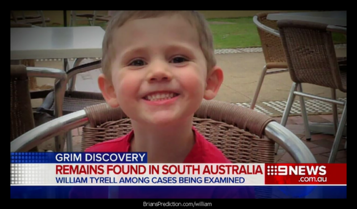 William Tyrrell  born 26 June 2011is an Australian boy who disappeared at the age of 3 from Kendall CKBddxaWsAA8TcR psychic brian ladd 2018
William Tyrrell  born 26 June 2011is an Australian boy who disappeared at the age of 3 from Kendall CKBddxaWsAA8TcR psychic brian ladd 2018
