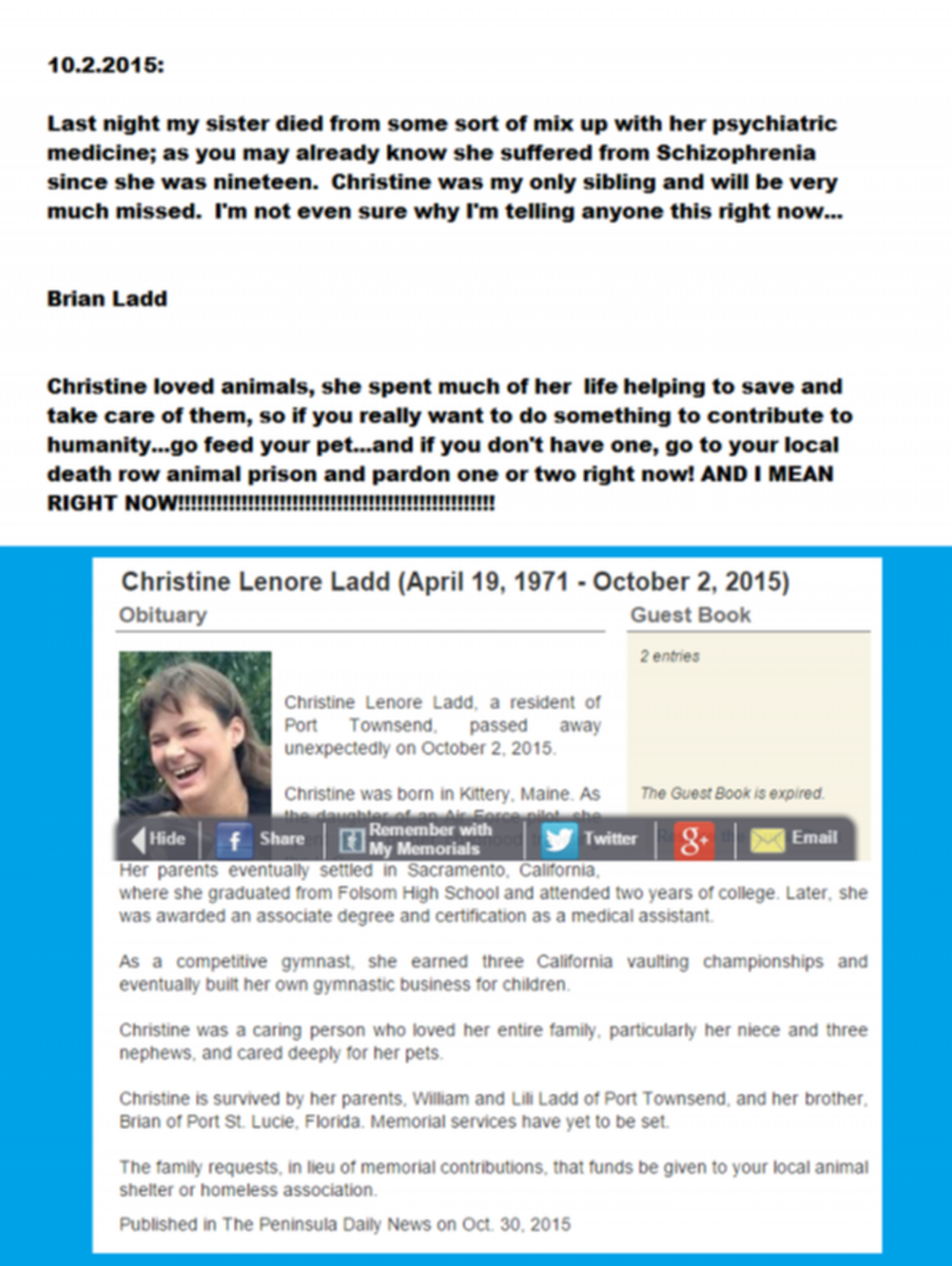 My Sister Christine Ladd died please help save the live of a cat or dog today~1
My Sister Christine Ladd died please help save the live of a cat or dog today~1
