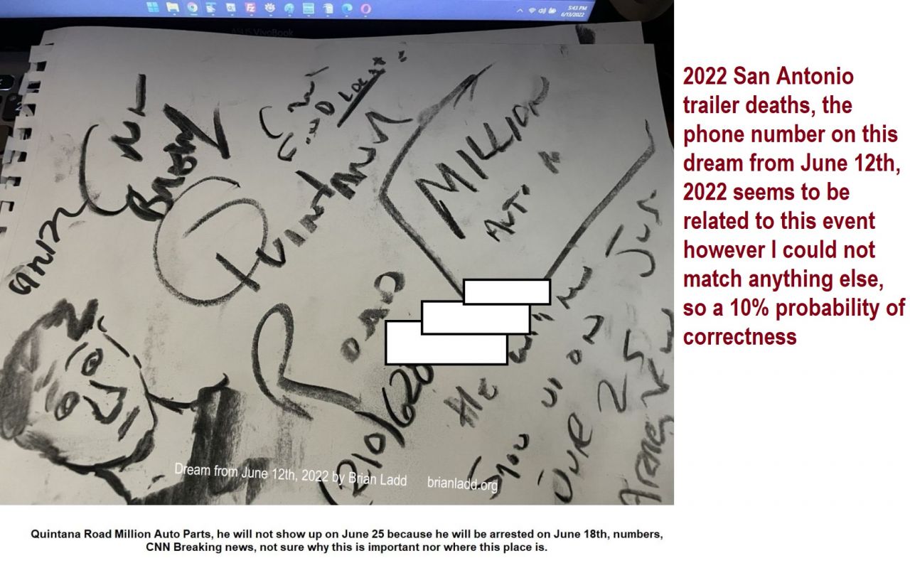 2022 San Antonio trailer deaths, the phone number on this dream from June 12th, 2022 seems to be related to this event however I could not match anything else, so a 10% probability of correctness
2022 San Antonio trailer deaths, the phone number on this dream from June 12th, 2022 seems to be related to this event however I could not match anything else, so a 10% probability of correctness. dream says Quintana Road Million Auto Parts, he will not show up on June 25 because he will be arrested on June 18th, numbers, CNN Breaking news, not sure why this is important nor where this place is.
